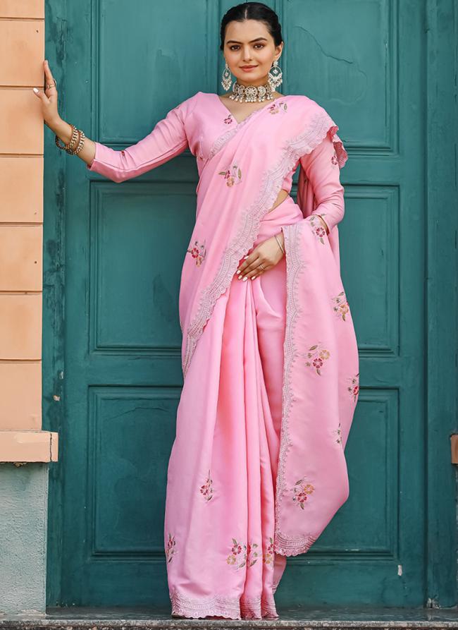 Tussar Cotton Pink Party Wear Sequins Work Saree